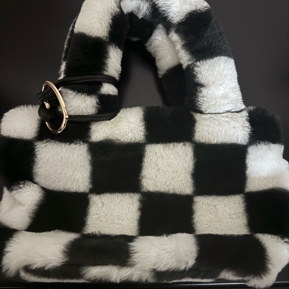 Claire's Black and White Checkered Fur Shoulder Bag